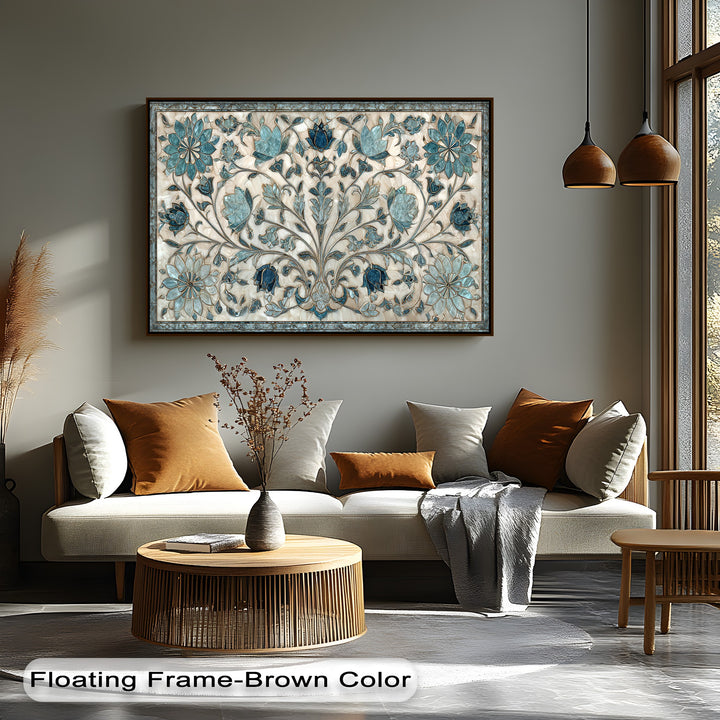 The calm mood of this living room is enhanced by the elegant blue floral ornament big canvas prints, creating a serene botanical wall art display.