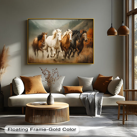 Despite their motion, the wild horses running in the Thundering Freedom unique canvas print evoke stillness in the room.