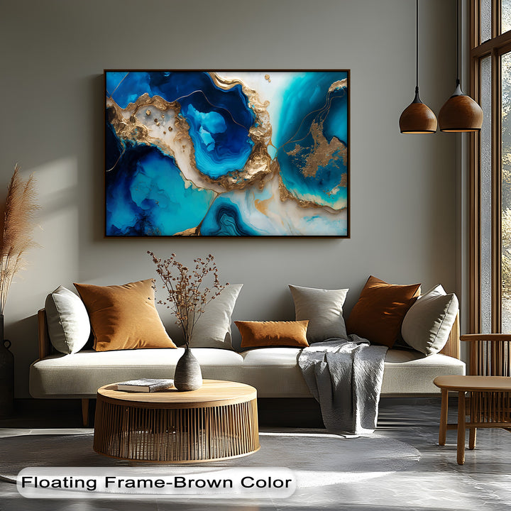 The color saturation of this luxury abstract blue gold agate big canvas print is strikingly vibrant, showcasing deep blues and luminous gold.