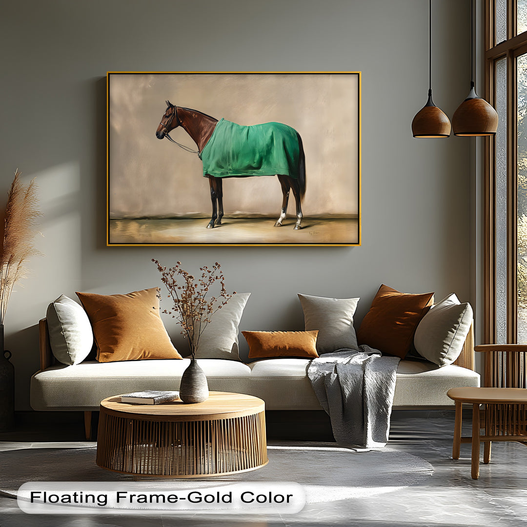 Poised Champion – Racehorse Draped in Green Blanket Canvas Print