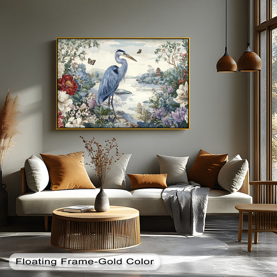 Warm color temperature highlights the serene Elegant Heron Garden canvas wall decor surrounded by blooms and butterflies in this floral nature canvas print.