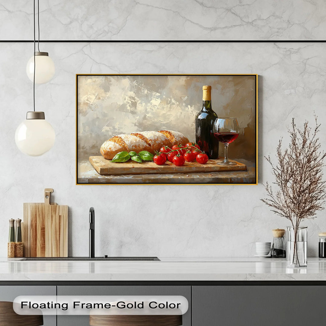 Italian Kitchen Still Life – Wine, Bread & Tomato Kitchen Canvas Art - MyPhotoStation