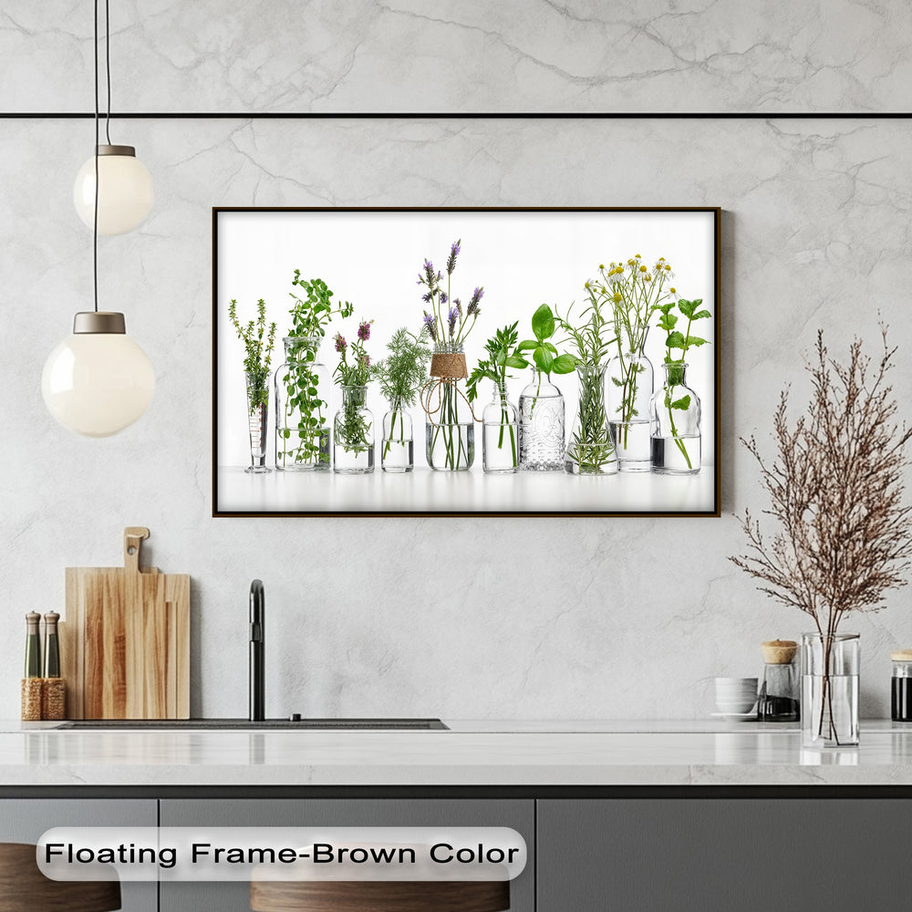 The abstract quality of fresh herb bottles in a minimalist, pristine arrangement forms this refreshing canvas wall decor.