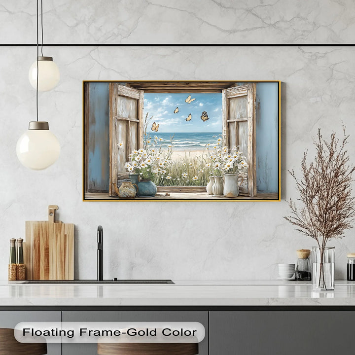 Butterflies by the Shore – Vintage Window View Kitchen Canvas Print - MyPhotoStation