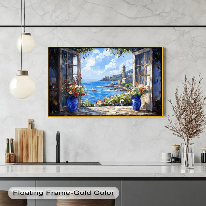 Mediterranean View Through the Terrace – Coastal Kitchen Canvas Print - MyPhotoStation