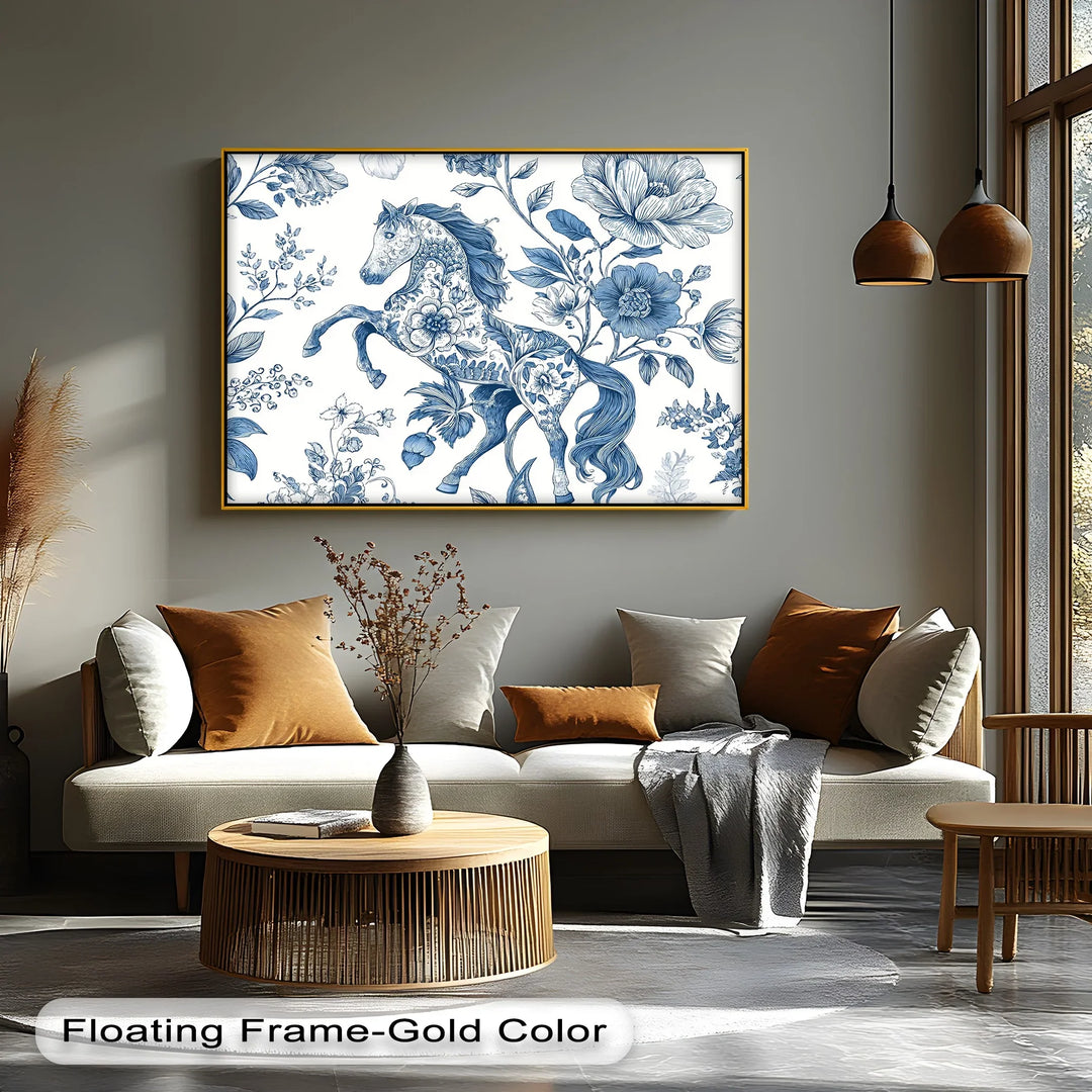 Floral Stallion Illustration – Blue Botanical Horse Canvas Print - MyPhotoStation