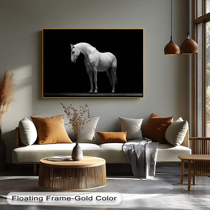 White Horse on Black Background Minimalist - Horse Canvas Print