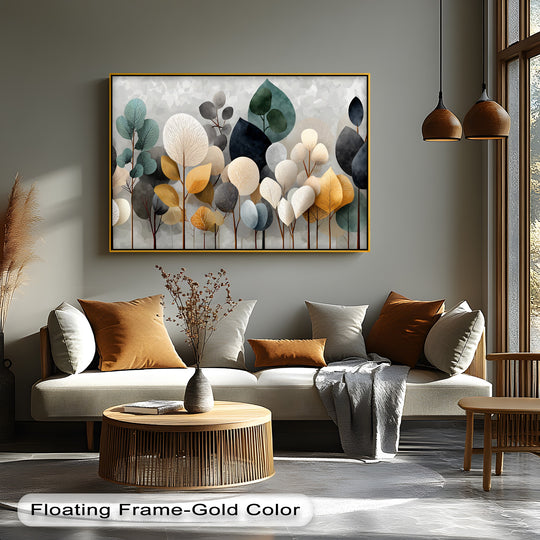 Highlighting the frame's edge, this minimalist abstract forest canvas painting features a striking gold border enhancing modern botanical tree wall art.