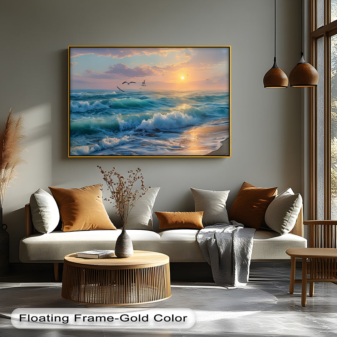 Seagulls Over a Sunset Beach - Canvas Print