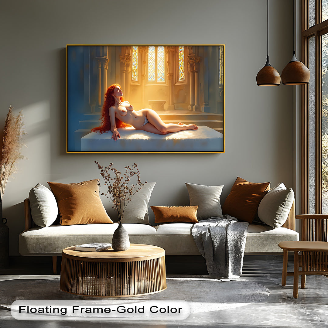Nude Goddess in Sunlit Cathedral - Erotic Canvas Print | Framed Art
