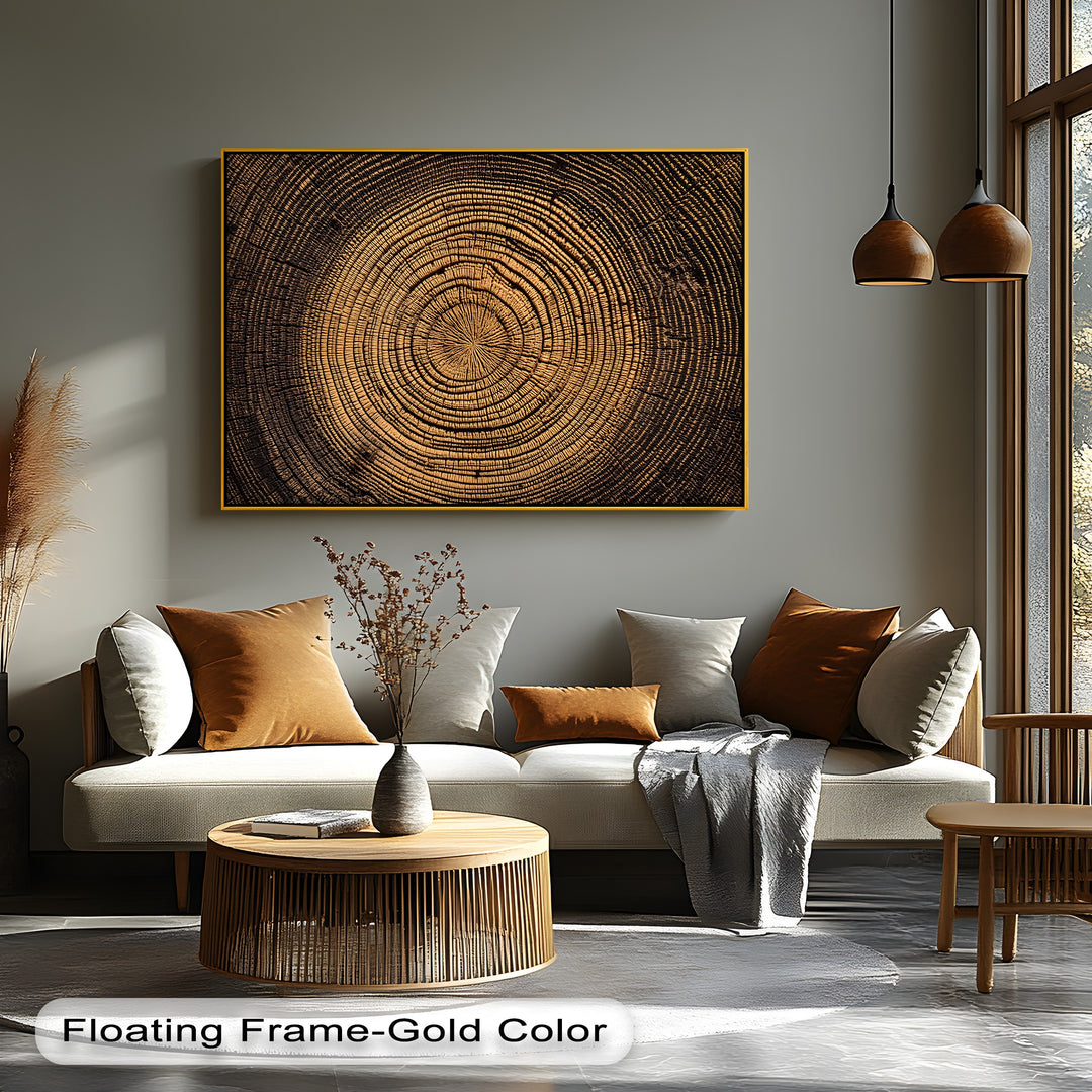 Dominant browns highlight this tree rings wood texture hanging canvas, a natural abstract wood wall art print showing concentric growth patterns.