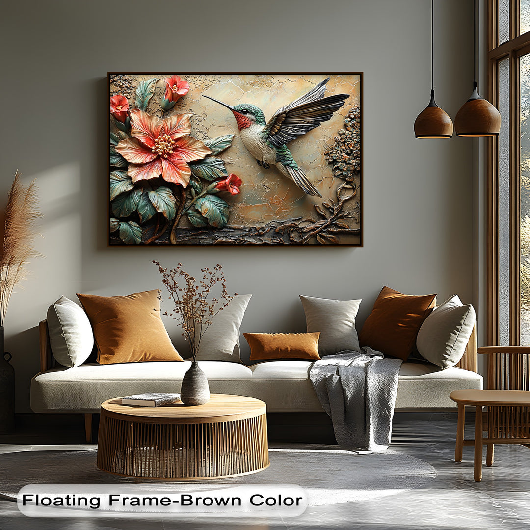 The textured, high-relief finish of this framed canvas features a vibrant hummingbird and blooming floral 3D-style nature wall art.