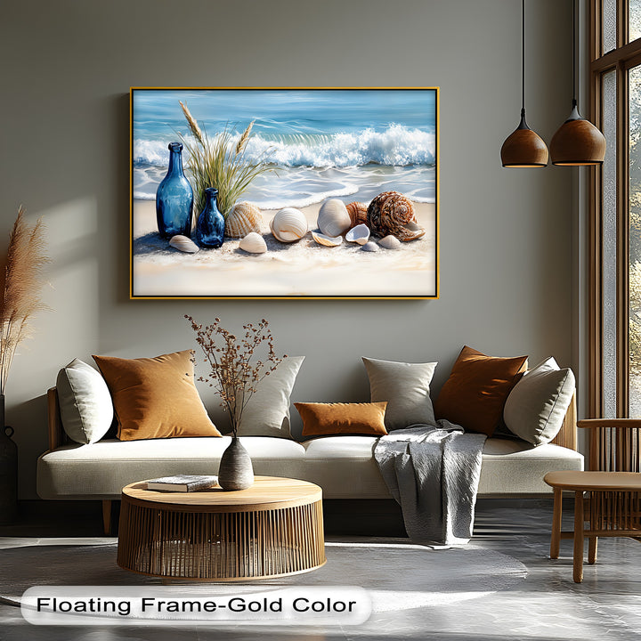 Blue Bottles and Seashells on Seashore - Canvas Print