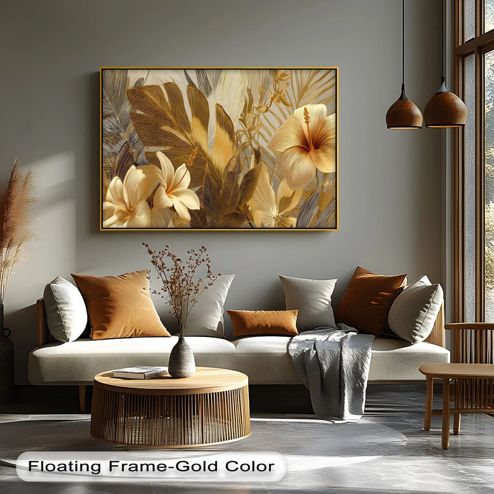 Golden Tropics with Hibiscus and Palm Leaves – Canvas Print - MyPhotoStation