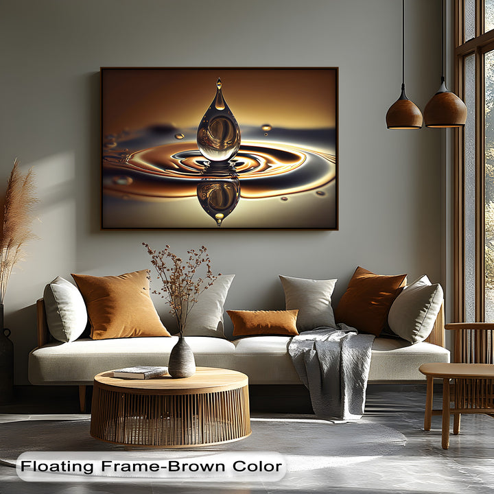 Visual rhythm flows through the golden water drop and its symmetrical ripples, forming an elegant abstract canvas wall decor piece.