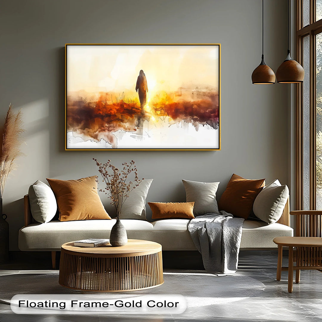He Walks in Light – Silhouette of Christ in Golden Landscape Canvas Print