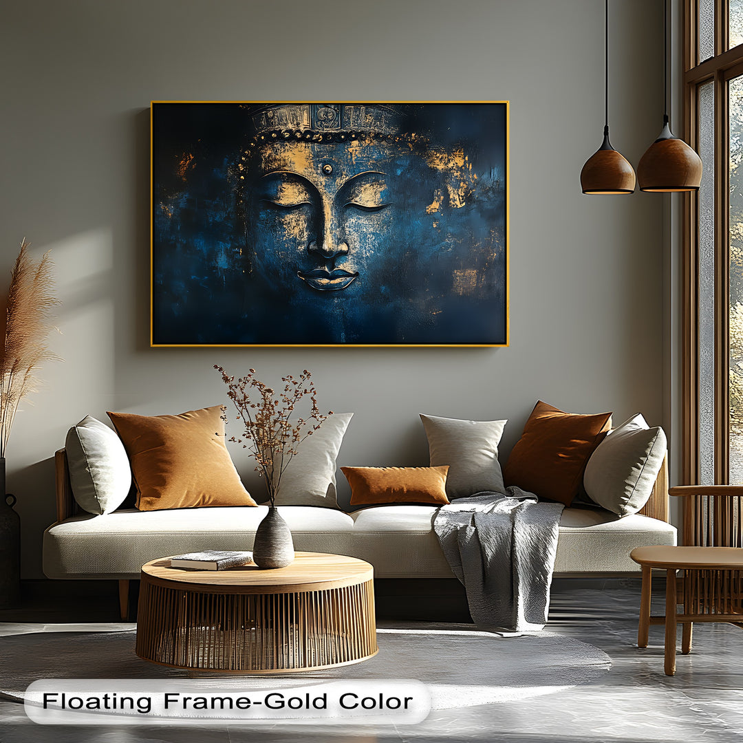 Mystic Serenity – Golden Buddha Face on Midnight Blue Canvas Print