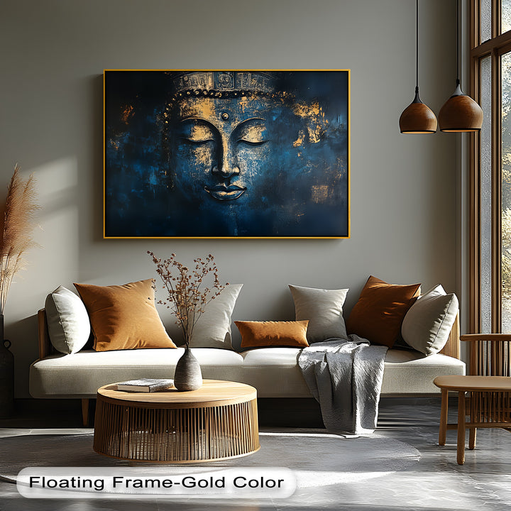 Mystic Serenity – Golden Buddha Face on Midnight Blue Canvas Print
