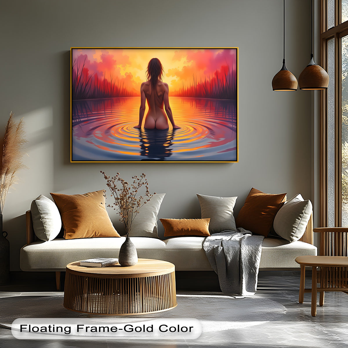 Realistically detailed, the 'Eve at Dusk' premium canvas decor depicts a nude silhouette wading in golden water during a vibrant sunset, showcasing sensual elegance.