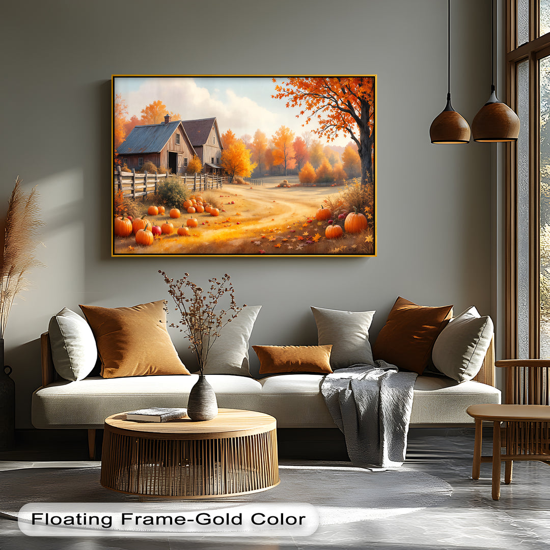 Golden Harvest Barn – Farmhouse Pumpkin Canvas Wall Art | Framed Art
