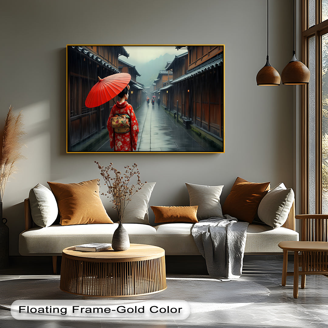 Geisha in the Rain – Japanese Street Scene Canvas Wall Art | Large Canvas
