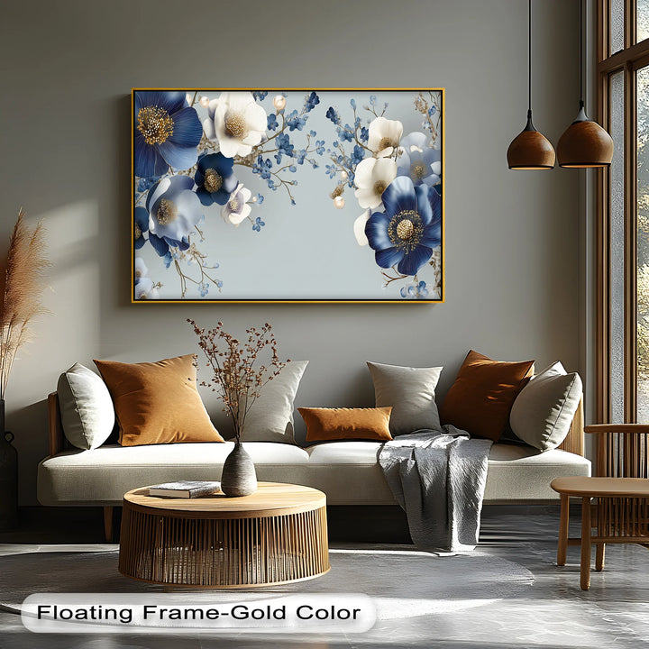 Blue and Ivory Elegance – Floral Fantasy with Pearls Canvas Print - MyPhotoStation