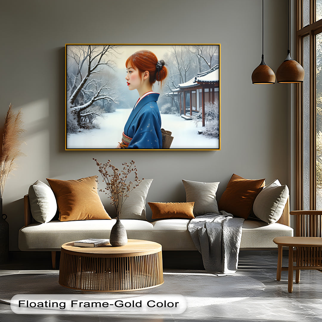 Geisha in Snow Garden – Japanese Kimono Canvas Wall Art | Framed Art