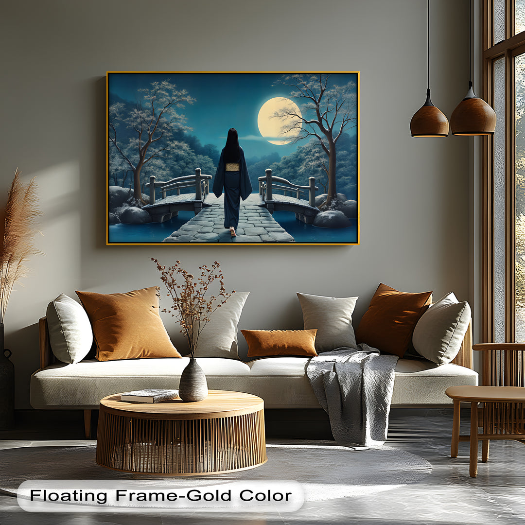 Moonlit Elegance – Japanese Geisha on Bridge Canvas Wall Art | Canvas Art