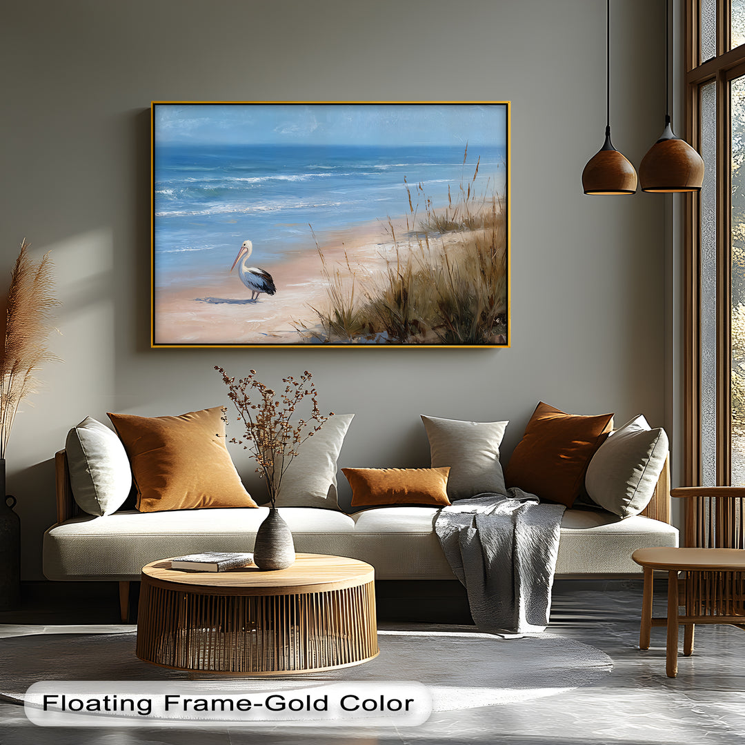 Featuring a gold-colored floating frame, this coastal pelican beach scene is presented as beautiful canvas wall decor, accentuating the edges of the serene ocean wildlife art.