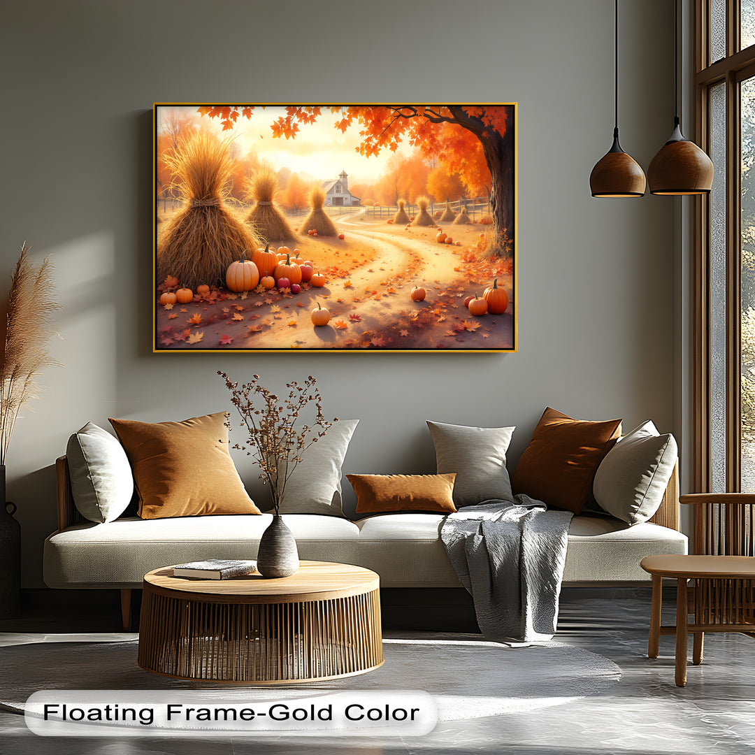Autumn Pathway – Farmhouse Pumpkin Fall Canvas Wall Art | Framed Art