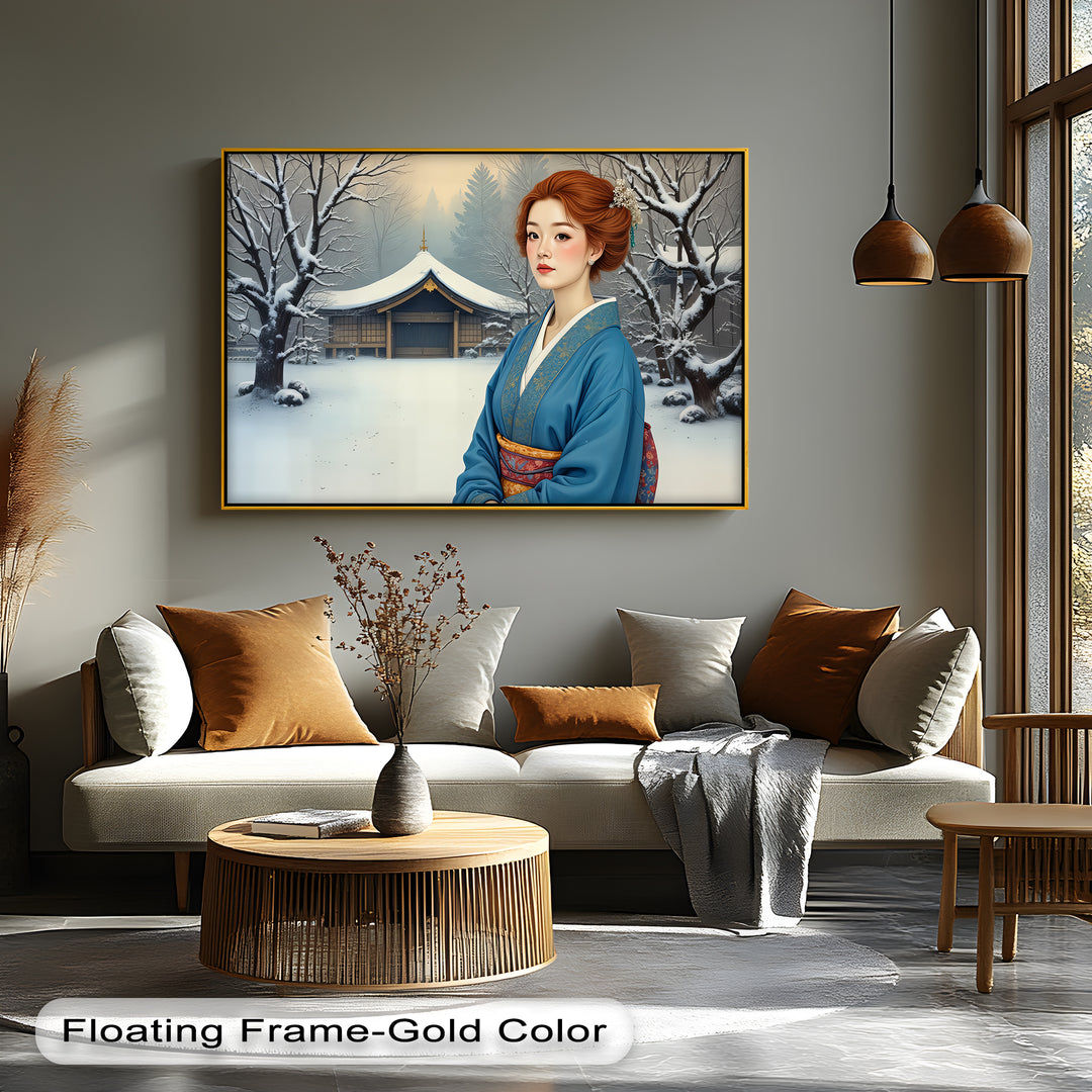 Geisha in Winter Serenity – Japanese Kimono Canvas Wall Art | Framed Canvas