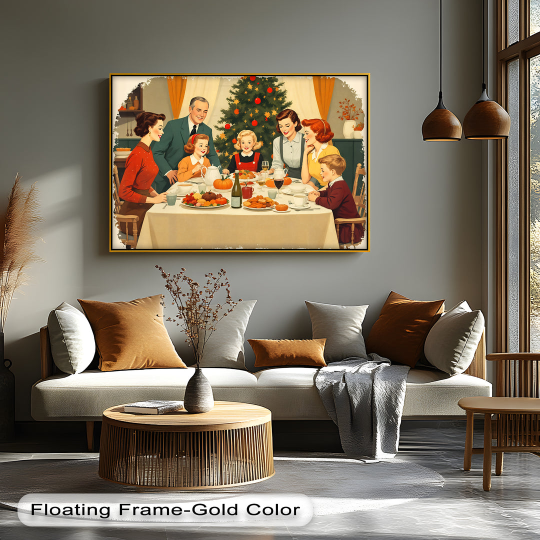 Retro Family Christmas Dinner Canvas Wall Art | Large Canvas