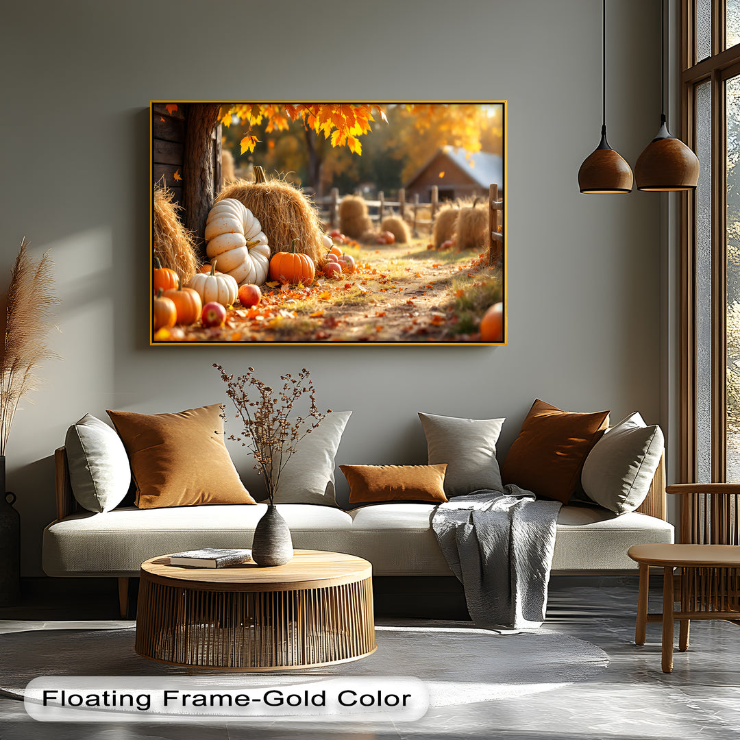 Autumn Harvest – Pumpkin and Haystack Canvas Wall Art | Framed Art