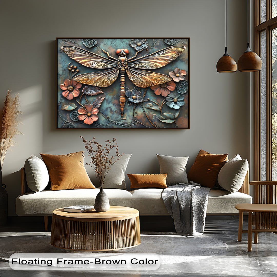 Light and shadow dramatically highlight the textured golden dragonfly and floral elements of the captivating 3D style canvas art, adding depth to the room.