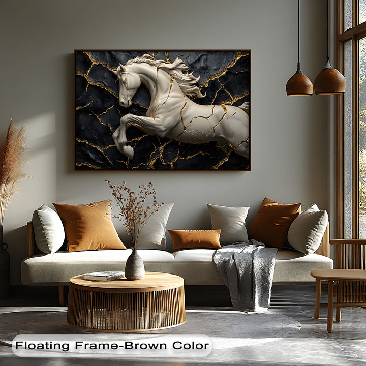 The organic forms of the sculptural white horse and flowing gold cracks create a striking luxury black and gold canvas painting.