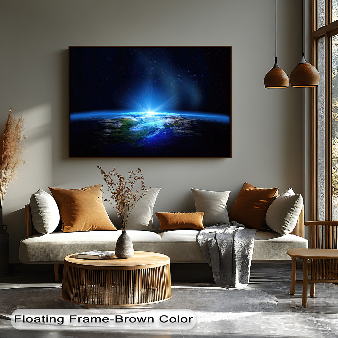 The rich brown floating frame perfectly borders the stunning Earth from Space canvas wall art, showcasing the cosmic blue planet.