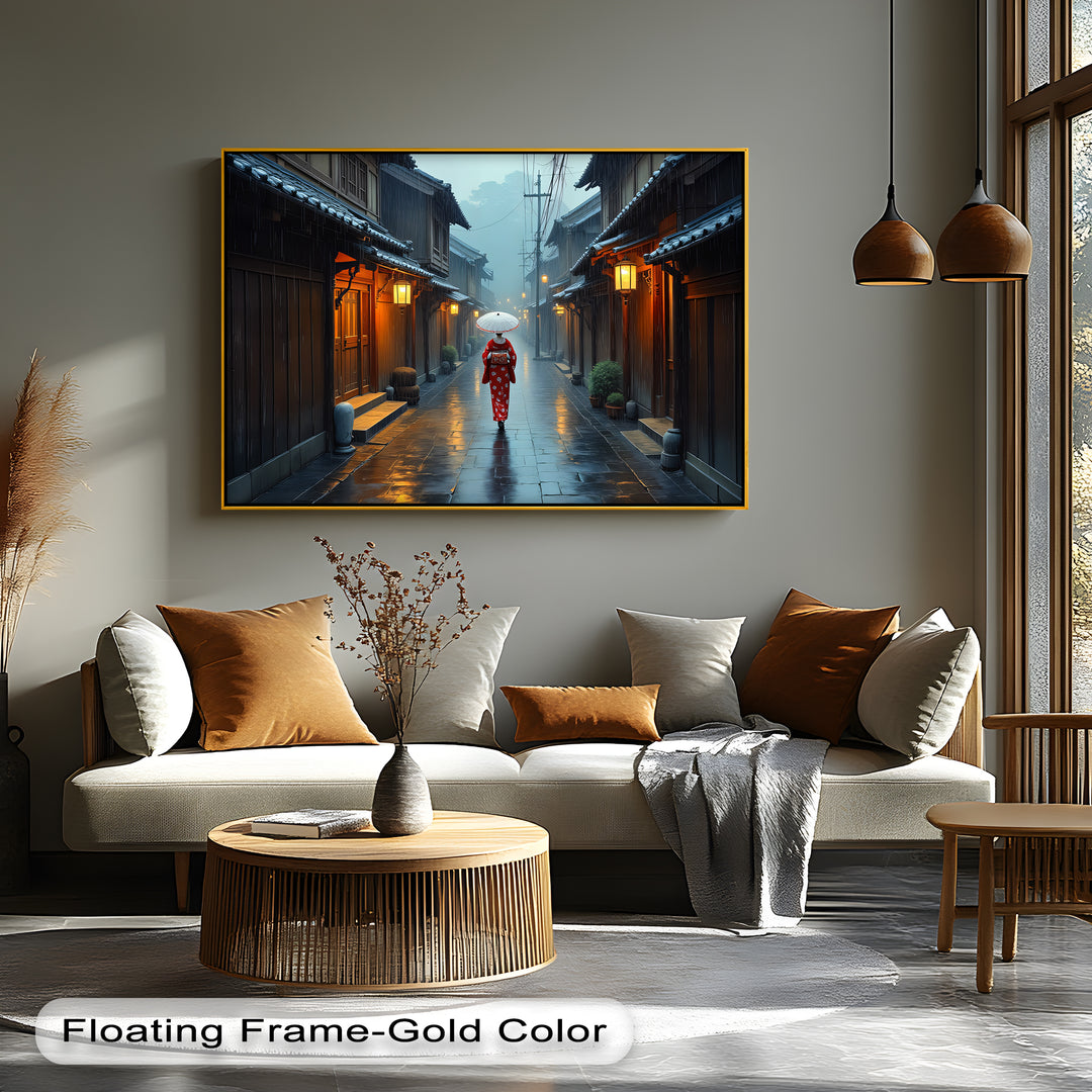 Geisha in Kyoto Rain – Japanese Street Canvas Wall Art | Framed Canvas