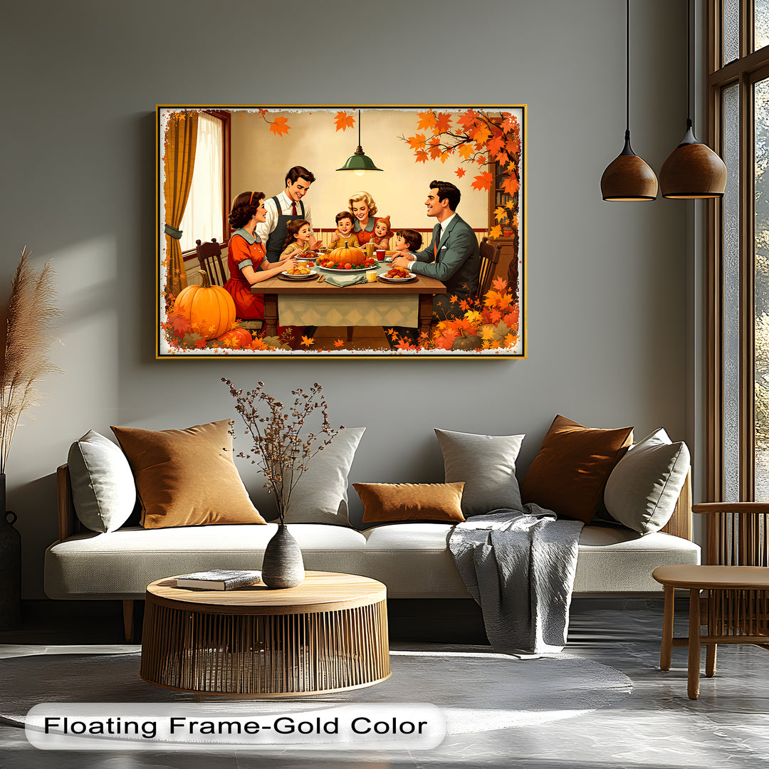 Autumn Gathering – Retro Thanksgiving Dinner Canvas Wall Art | Large Canvas