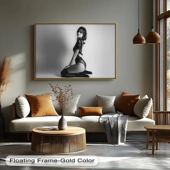 Layering effect enhanced with Monochrome Allure, a black lace sensuality photograph, showcases exceptional depth and texture on premium canvas wall decor.