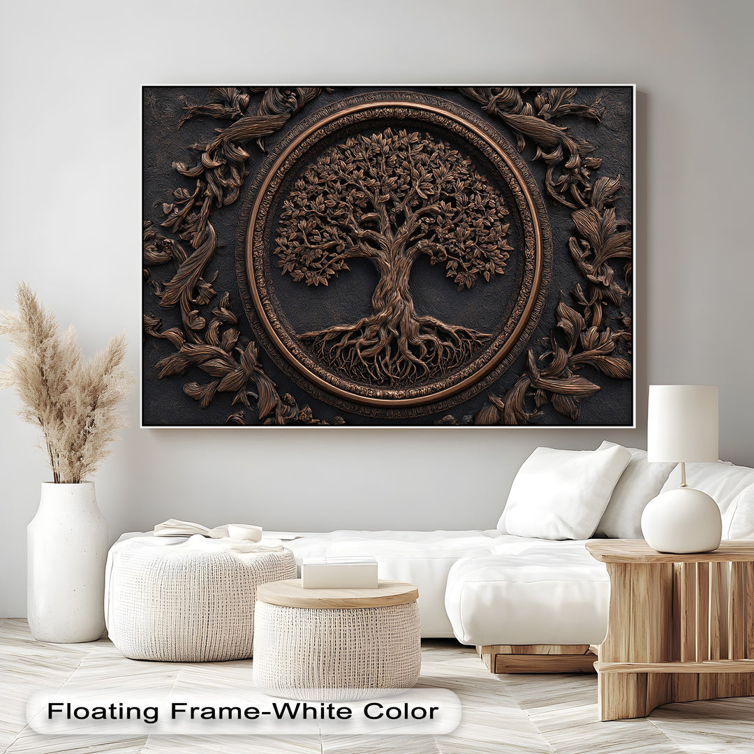 The central subject is a rustic bronze Tree of Life canvas wall art, featuring intricate roots and branches in an ornate circular frame.