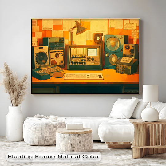 Predominantly warm-toned, this canvas print features retro audio engineering equipment, offering an artistic take on studio lab vibes through colorful canvas pictures.