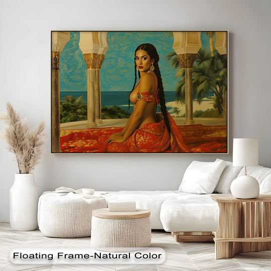 Horizontal framed canvas showing the 'Crimson Empress' erotic canvas wall art, a suggestive piece of canvas wall decor showcasing rich tones.