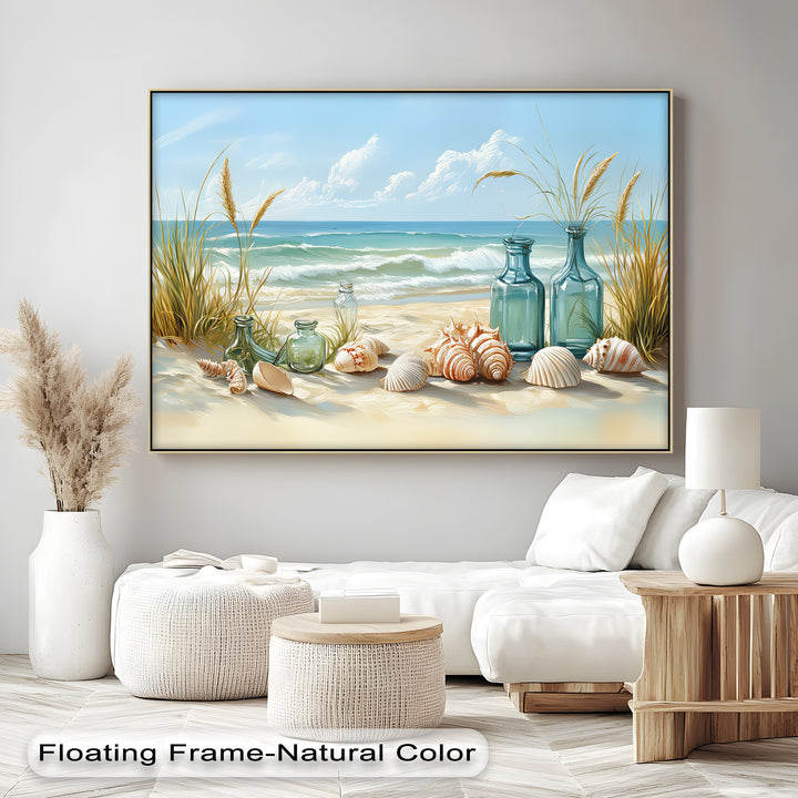 Whispers of the Shore – Seashells and Glass Bottles Coastal Canvas Print