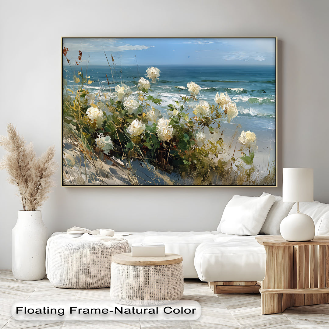 Whispers of the Dunes – White Roses by the Sea Canvas Print