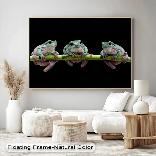 Perched precariously, the trio of tree frogs in this animal canvas print evokes a unique canvas print sense of lively energy as they balance along the vibrant bamboo branch.