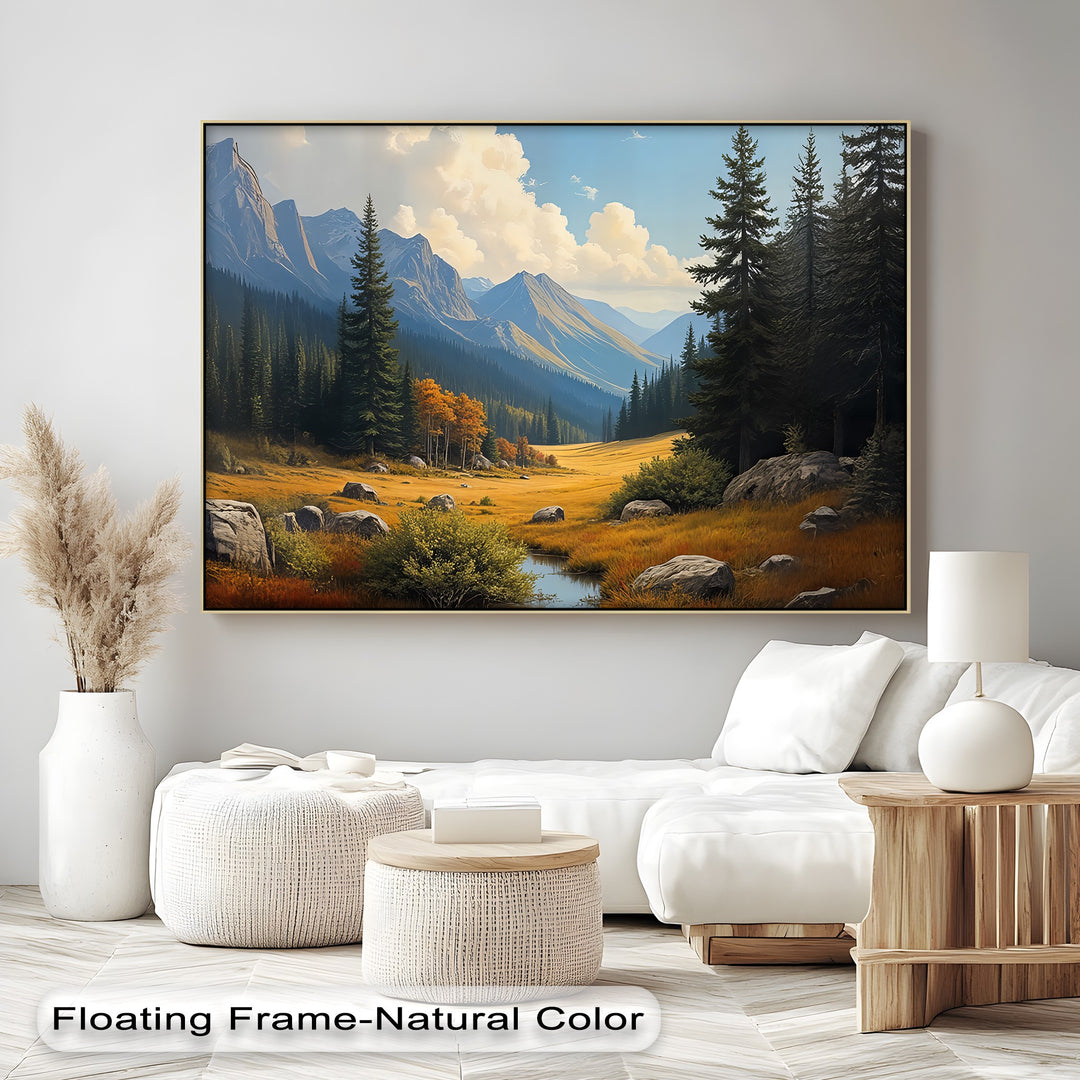 Golden Valley View – Majestic Mountain Landscape Oil Painting | Framed Art