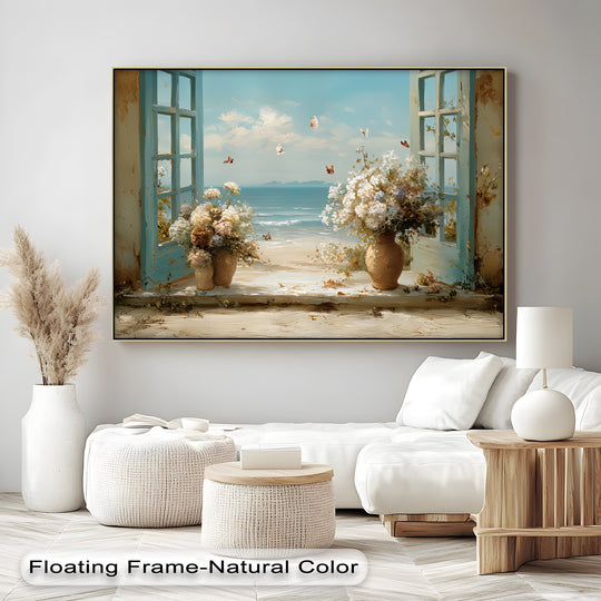 Vibrant seaside breeze through blue shutters canvas painting highlights the calming coastal floral scene, making it the loudest element in this elegant living room arrangement.