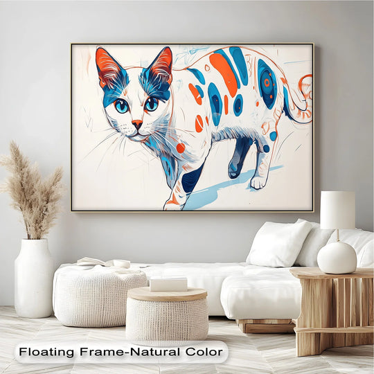 Contrasting light and shadow define the abstract feline in this unique canvas print, accentuating its whimsical spots on the Cosmic Cat art.