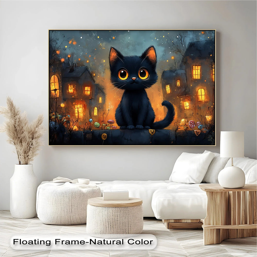 Big-Eyed Black Kitten in a Halloween Town - Cat Canvas Print - MyPhotoStation