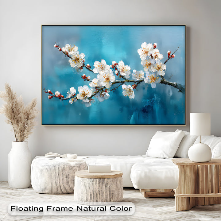 Blossom Serenity – White Cherry Blooms on Blue Canvas Print